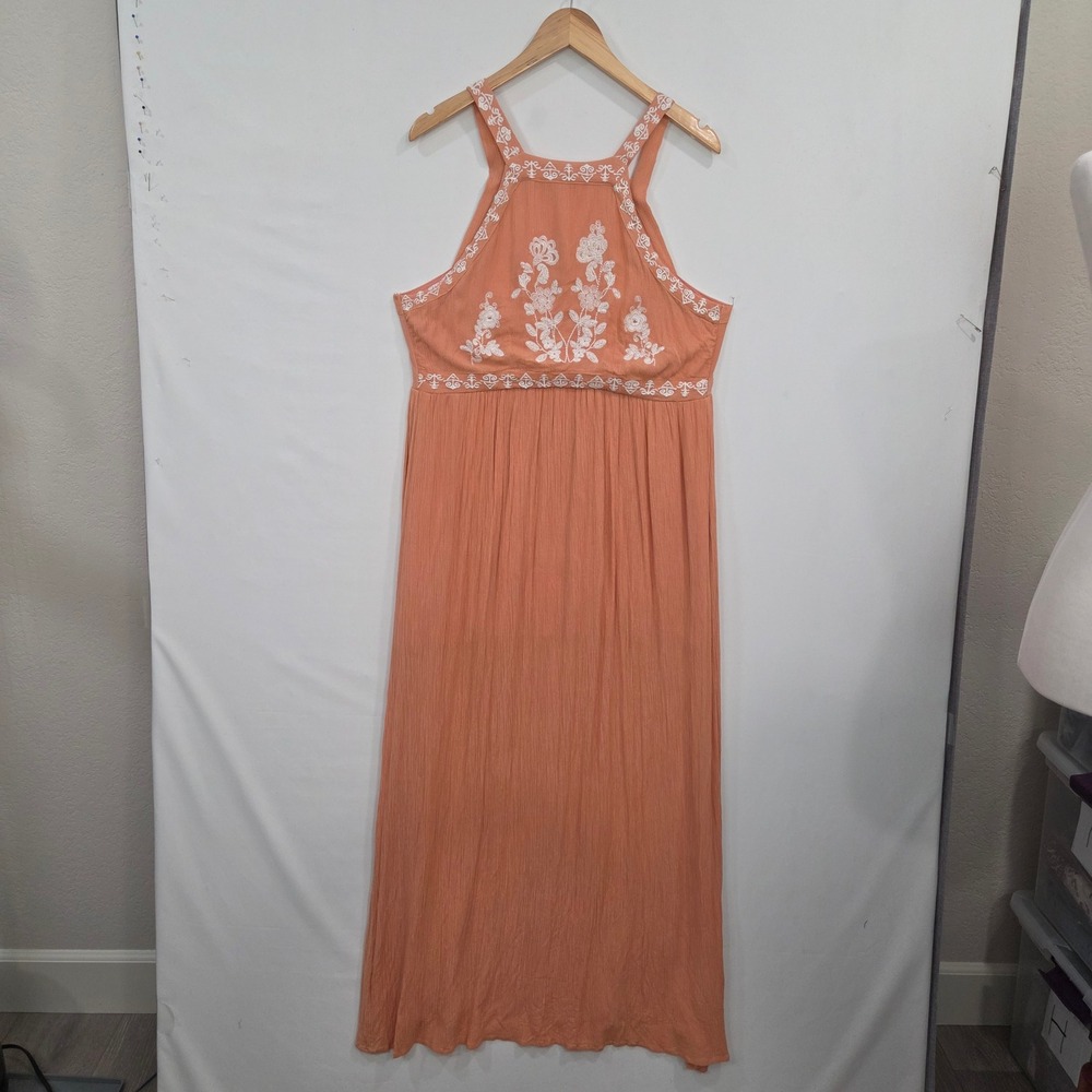 En Creme Orange Rayon Maxi Dress Large Embroidered Floral Halter Boho Summer - Picture 8 of 16